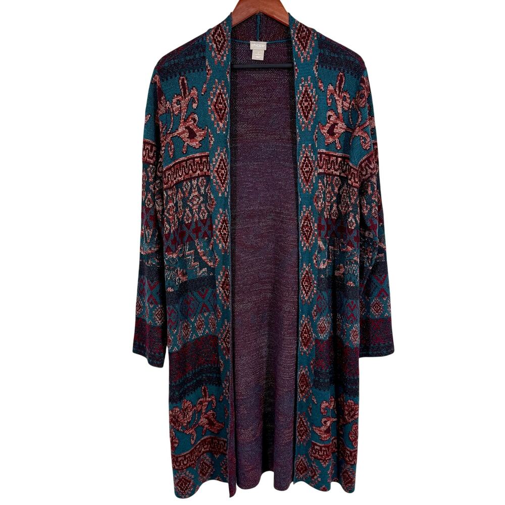 Chico's Teal, Purple & Burgundy Patterned Open Cardigan